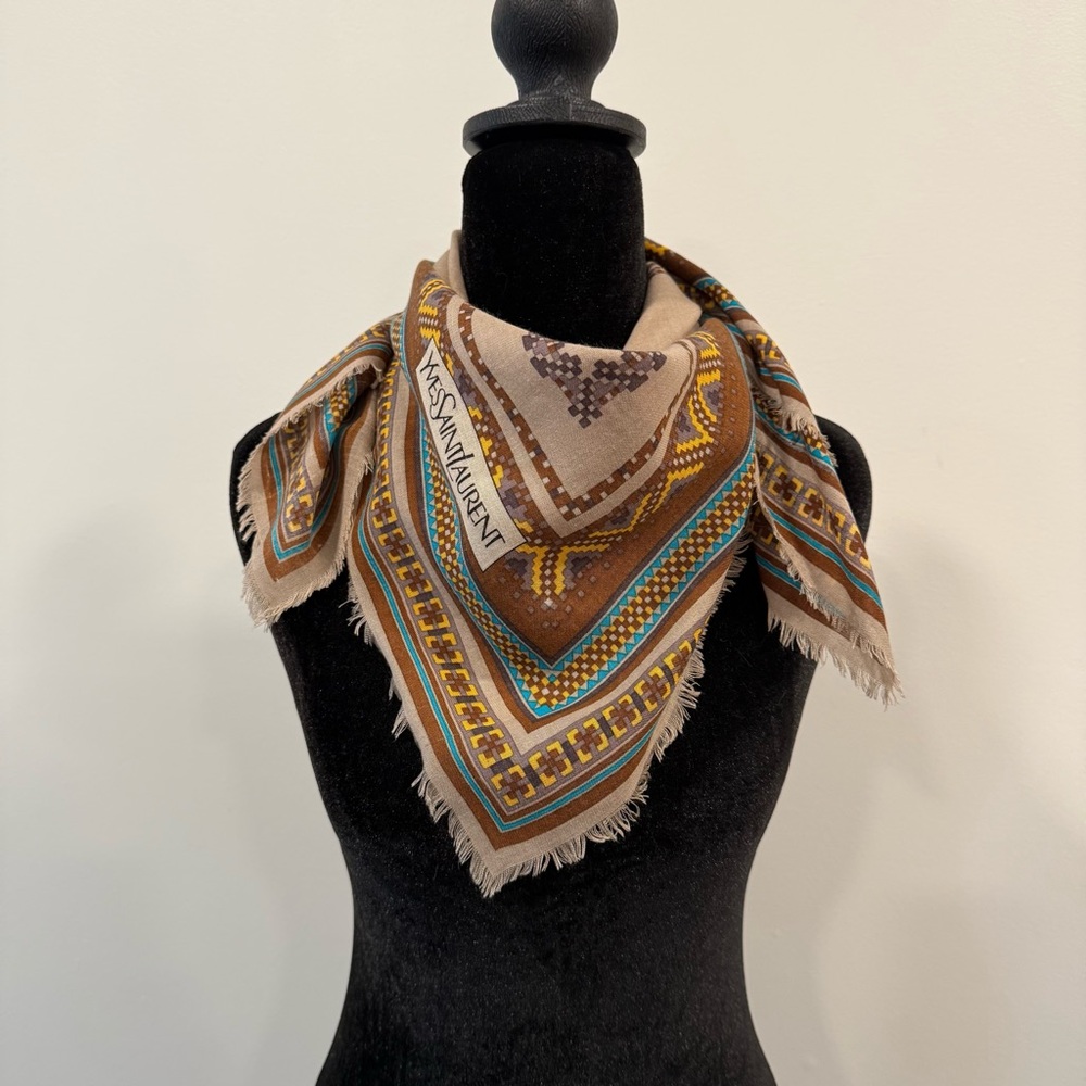 Yves Saint Laurent Silk Scarf Beige Brown - Picture 7 of 8